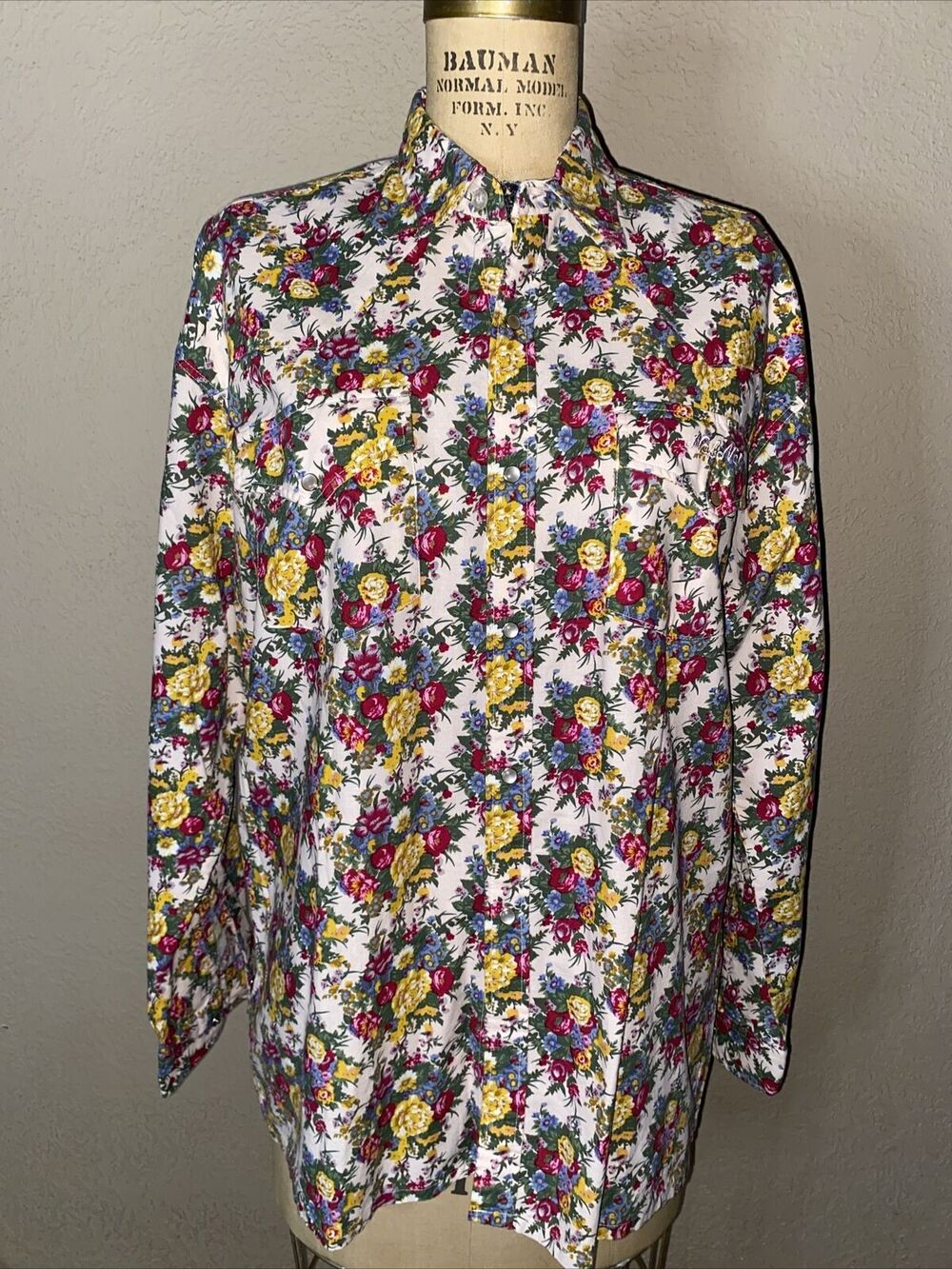 Mens 1970s NAF Button Up Floral Print Long Sleeve With Snaps Size Large Cotton